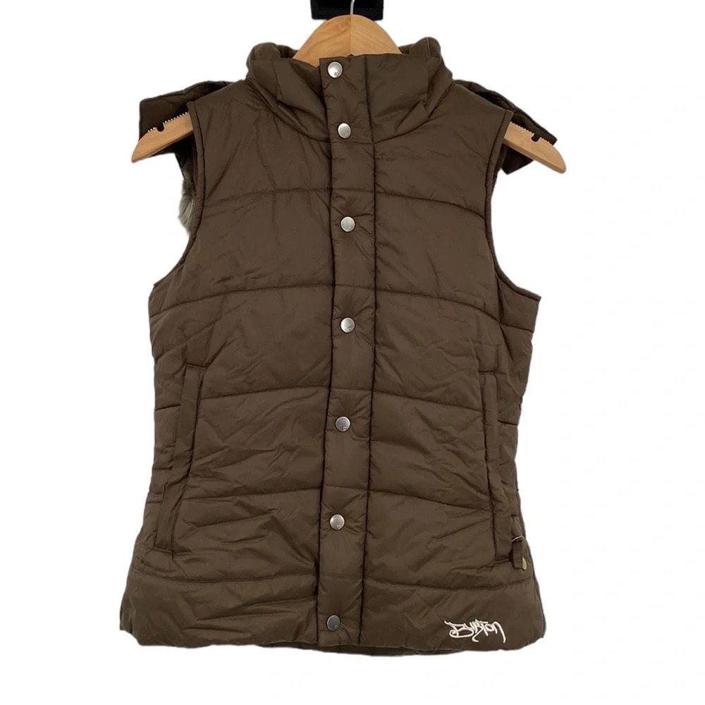 Burton Rancher Puffer Vest Jacket Womens Small Brown Parka Hooded Faux Fur Lined
